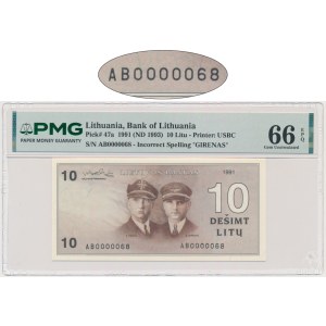 Lithuania, 10 Litu 1991 - AB - PMG 66 EPQ - with error - LOW NUMBER