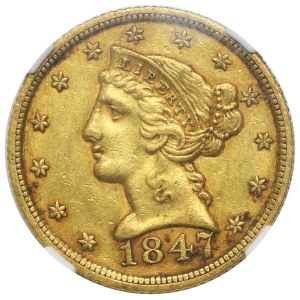 USA, 5 Dollars Philadelphia 1847 - Liberty Head - NGC AU DETAILS