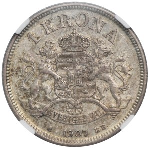 Szwecja, Oskar II, 1 Korona Kungsholmen 1907 EB - NGC AU DETAILS