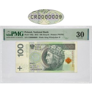100 złotych 2012 - CR 0000009 - PMG 30 - ekstremalnie niski numer