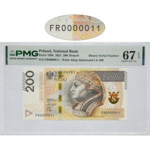 200 złotych 2021 - FR 0000011 - PMG 67 EPQ - bardzo niski numer binarny