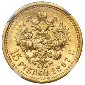 Rusko, Mikuláš II., 15 rublů, Petrohrad 1897, AГ – NGC AU58