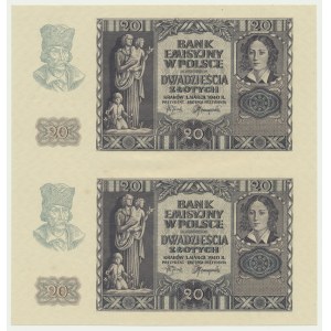 Fragment de feuille de 20 or 1940 - sans série et sans numérateur - (2 pièces).