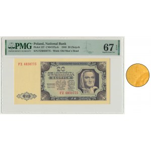 20 zlatých 1948 - FZ - PMG 67 EPQ - žebrovaný papír