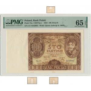 100 zloty 1934 - Ser. AV. - tirets en bas et un en haut - PMG 65 EPQ - WHOLE.