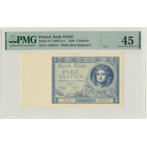 5 złotych 1930 - Ser.N. - PMG 45 - rzadka odmiana jednoliterowa