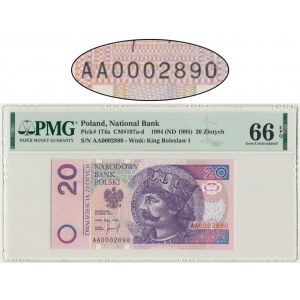 20 złotych 1994 - AA 0002890 - PMG 66 EPQ - niski numer