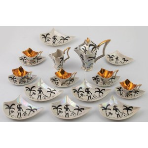 SERWIS DESEROWY, fason Murzynek, Polska, Katowice, „Steatyt” Zygmunt Buksowicz, ok. 1960, Porcelana, farby lustrowe, czarna farba naszkliwna, złocenia
