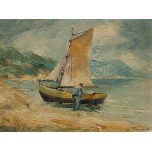 SZWALSKI, PECHEUR AU BATEAU, milieu du 20e siècle.
