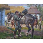 Wojciech KOSSAK (1856-1942), Ułan legionowy siodłający konia, 1919