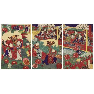 TOYOHARA CHIKANOBU (1838-1912), Children dancing the traditional lion dance - triptych