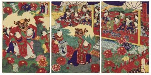 TOYOHARA CHIKANOBU (1838-1912), Dzieci tańczące tradycyjny taniec lwa - tryptyk