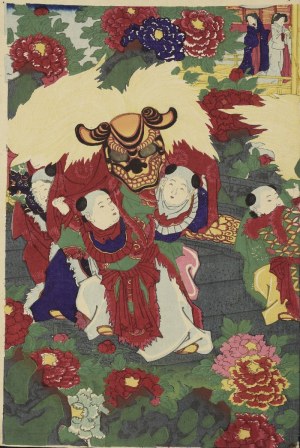 TOYOHARA CHIKANOBU (1838-1912), Dzieci tańczące tradycyjny taniec lwa - tryptyk
