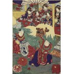 TOYOHARA CHIKANOBU (1838-1912), Children dancing the traditional lion dance - triptych