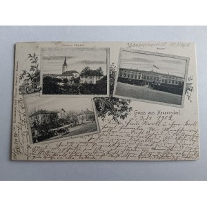 POCZTÓWKA JĘDRZYCHOWICE HENNERSDORF ZGORZELEC DOLNY ŚLĄSK DŁUGI ADRES KOŚCIÓŁ SZKOŁA PRZEDWOJENNA 1902 R