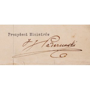 [PADEREWSKI Ignacy Jan]. Odręczny podpis Ignacego J. Paderewskiego jako premiera rządu pod maszynopisowym dokumentem dot...