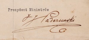 [PADEREWSKI Ignacy Jan]. Handwritten signature of Ignacy J. Paderewski as Prime Minister of the Government under a typed document concerning...