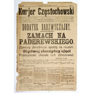 Kurjer Częstochowski. Dodatek nadzwyczajny. 12 V 1919. Zamach na Paderewskiego.