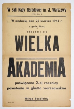 Afisz: academy on the 2nd anniversary of the Warsaw ghetto uprising. 1945.