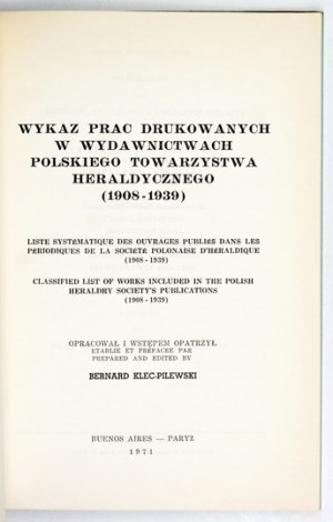 KLEC-PILEWSKI Bernard - Liste des ouvrages imprimés dans les publications de la Société héraldique polonaise (1908-1939) ....