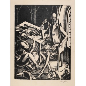 LAM W. – Don Kichot i Sancho Pansa w bibliotece (Dysputa.). Drzeworyt sygn. z teki Don Quijote (Poznań 1925).
