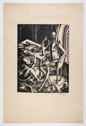 LAM W. - Don Quijote and Sancho Panza in the library (Disputation.). Signature woodcut from the 