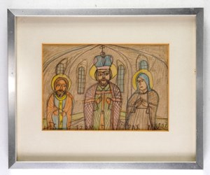 NIKIFOR Krynicki - [Saints.] IHS Tzry Pax. Crayon drawing. 1960s.
