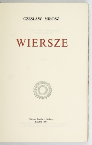 MILLOSZ Czeslaw - Poems. London 1967. poets' and painters' publishing house. 8, s. 340, [4]. Opry....