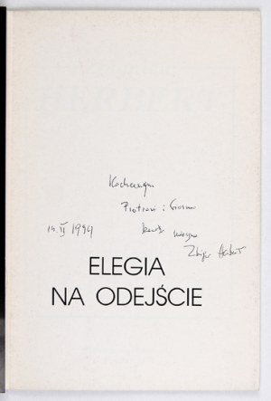 HERBERT Z. - Elegy for a Departure. 1992. dedication by the author.