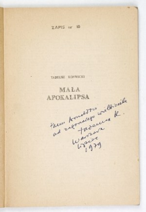 KONWICKI T. - A little apocalypse. 1979. dedication by the author. 1st ed.