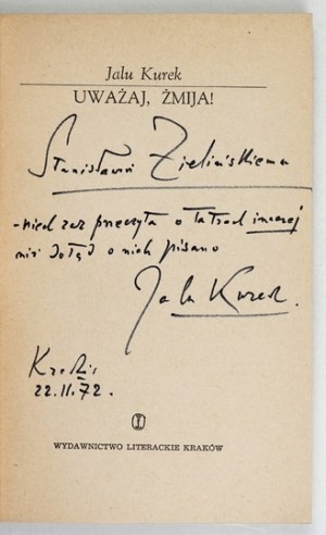 KUREK J. - Beware, viper! 1972 - Dedication by the author.