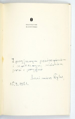 WYKA K. - Krzysztof Baczynski. 1961. dedication by the author.