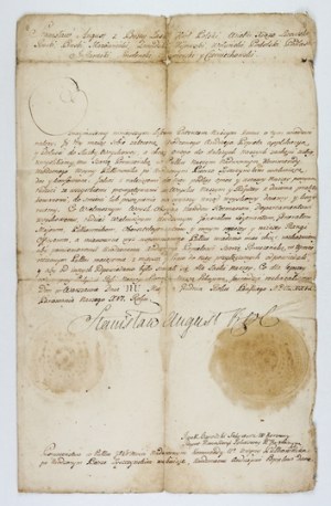 [STANISŁAW August Poniatowski]. A manuscript royal document on paper, in Polish, signed by the king,...