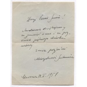 [JASTRUN Mieczysław]. Odręczny list Mieczysława Jastruna do niewymienionego z nazwiska poety i satyryka Jana Huszczy, da...