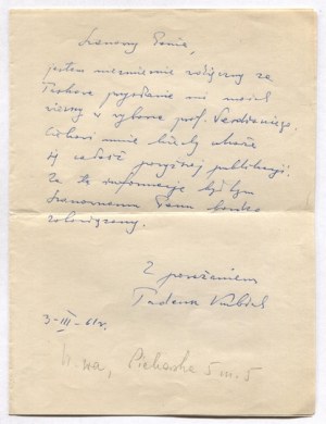[KUBIAK Tadeusz]. Handwritten letter by Tadeusz Kubiak to an unknown addressee, dated. 3 III 1961.