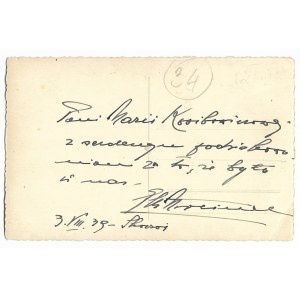 [MORCINEK Gustaw]. Odręczna dedykacja Gustawa Morcinka dla Marii Kosibowiczowej na odwrocie zdjęcia przedstawiającego pi...