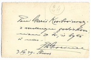 [MORCINEK Gustaw]. Gustav Morcinek's handwritten dedication to Maria Kosibowicz on the back of a photograph depicting pi...