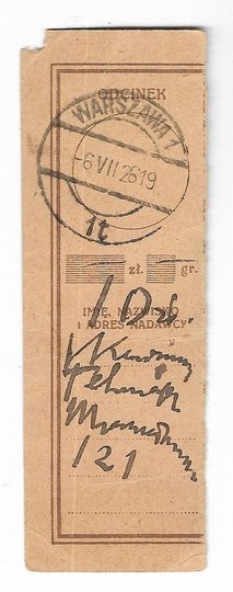 [PRZERWA-TETMAJER Kazimierz]. A handwritten completed postal money order slip by Kazimierz Tetmajer for...