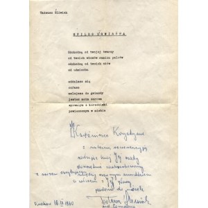 [ŚLIWIAK Tadeusz]. Maszynopis wiersza Tadeusza Śliwiaka Epilog z gwiazdą z jego odręczną dedykacją dla niewymienionej ...