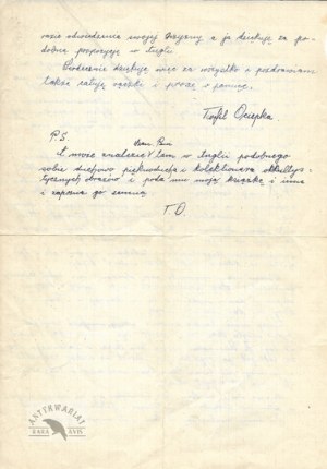 [OCIEPKA Teofil]. Handwritten letter by Teofil Ociepka to an unknown addressee in England,...