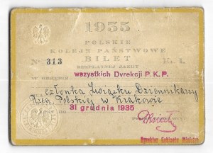 TICKET of free ride on PKP railroads for members of the Union of Polish Journalists in Cracow for the year 1935.