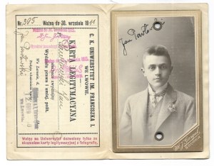 ID CARD of the c. k. Franz I. University of Lviv issued to a student of law and political skills....