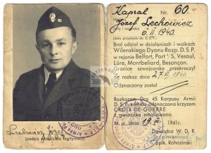 LEGITIMATION for Cpl. Jozef Lechowicz issued by the Reconnaissance Detachment of the 2nd D[ywizja] S[trzelców] P[ieszych]....
