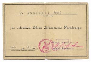 MEMBERSHIP LEGITIMATE of the Obóz Zjednoczenia Narodowego issued to Jozef Dubinsky in Lviv, dn....