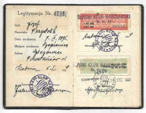 LEGITIMATION of the Polish Ski Association, Silesian Ski Club issued to Józef Przystolik of Giszowiec ...