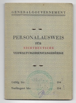 PERSONALAUSWEIS für nichtdeutsche Verwaltungsdienstangehörige issued to Jozef Kuladze of Lelechowka on 23 I 19....