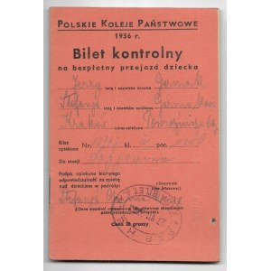 POLSKIE Koleje Państwowe. Bilet kontrolny na bezpłatny przejazd dziecka z 1936.