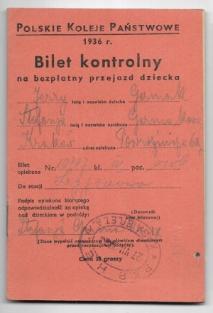 POLISH National Railways. Inspection ticket for a child's free ride from 1936.