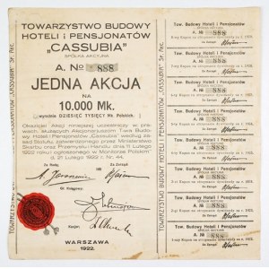 CASSUBIA, Towarzystwo Budowy Hoteli i Pensjonatów. Jedna akcja na 10.000 Mk, wyraźnie dziesięć tysięcy Mk....
