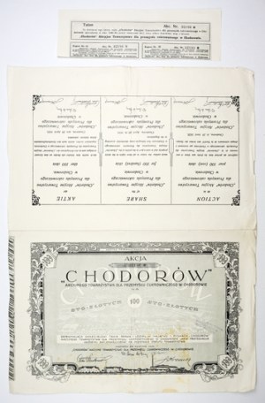 CHODORÓW, Share ... Joint Stock Society for the Sugar Industry in Chodorow for one hundred zlotys 100 providing bargain...